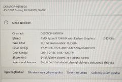 Garantili Asus TUF FA607P A16 / AMD Ryzen™ 9 7940HX / NVIDIA® GeForce RTX™ 4070 (8GB) / 1TB PCIe Gen4 SSD / 16GB DDR5 5200Mhz / Wİ-Fİ 6 / 165Hz 2560x1600 (2.5K) 16'' QHD+ Ekran / 2025.07.22 Garantili / EPDD4AJXY1